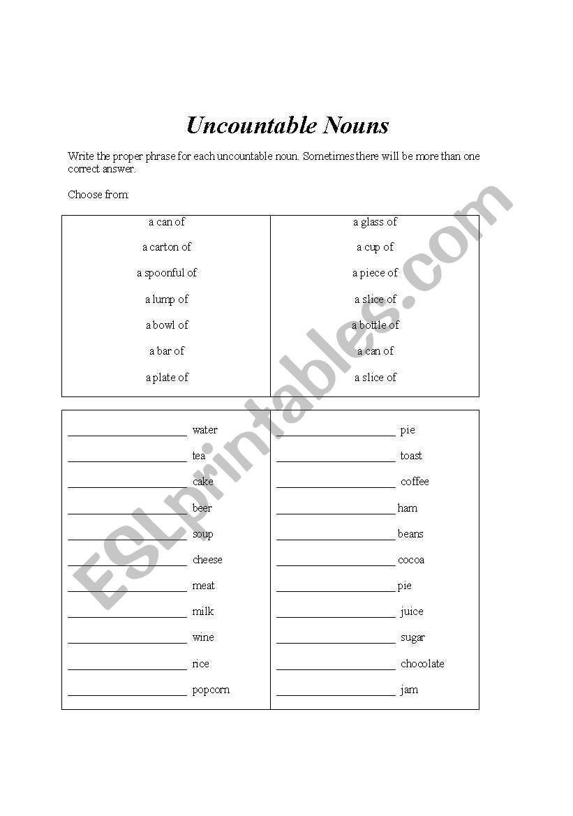 Labeling Uncountable Nouns worksheet