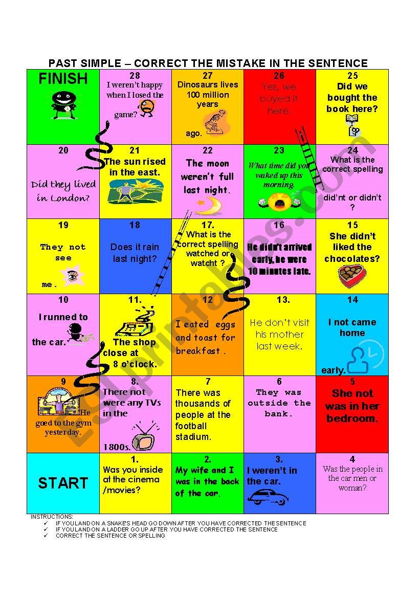 past-simple-error-correction-snakes-and-ladders-game-esl-worksheet-by