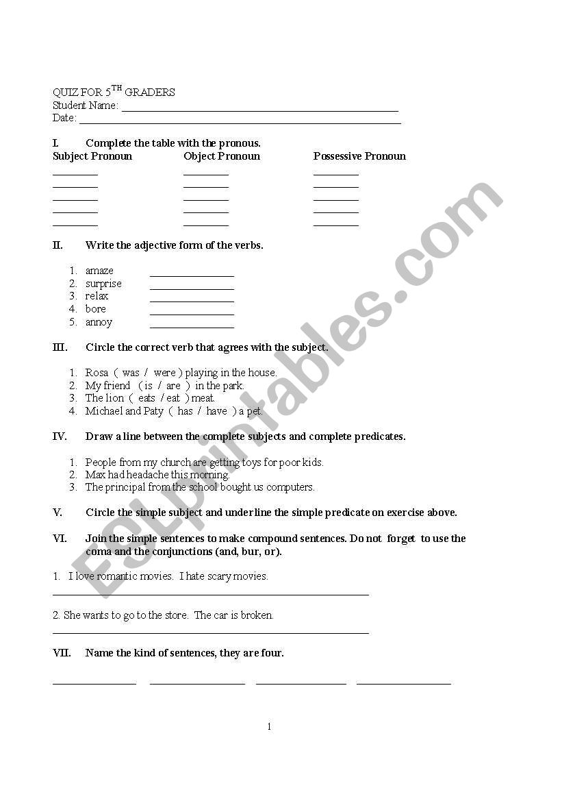 Quiz for 5th grade worksheet