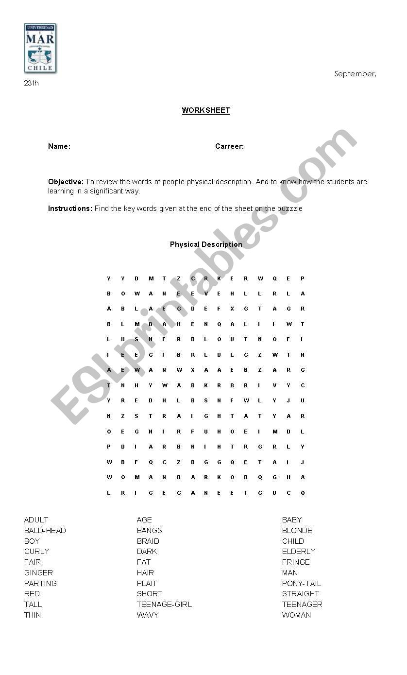 Physical Descriptions worksheet