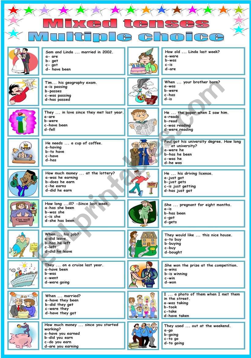 MIXED TENSES MULTIPLE CHOICE B W VERSION INCLUDED ESL Worksheet By 