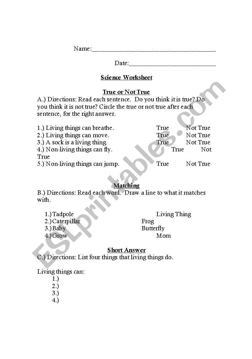 Living Things Worksheet worksheet