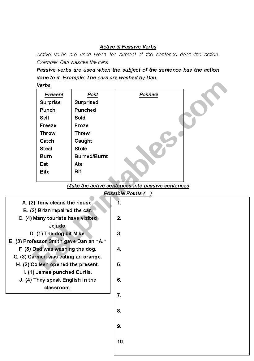 Active and Passive Verbs worksheet