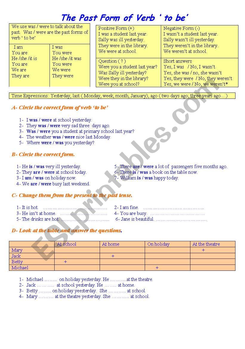 The past form of verb ´ to be´ - ESL worksheet by yasmi112233