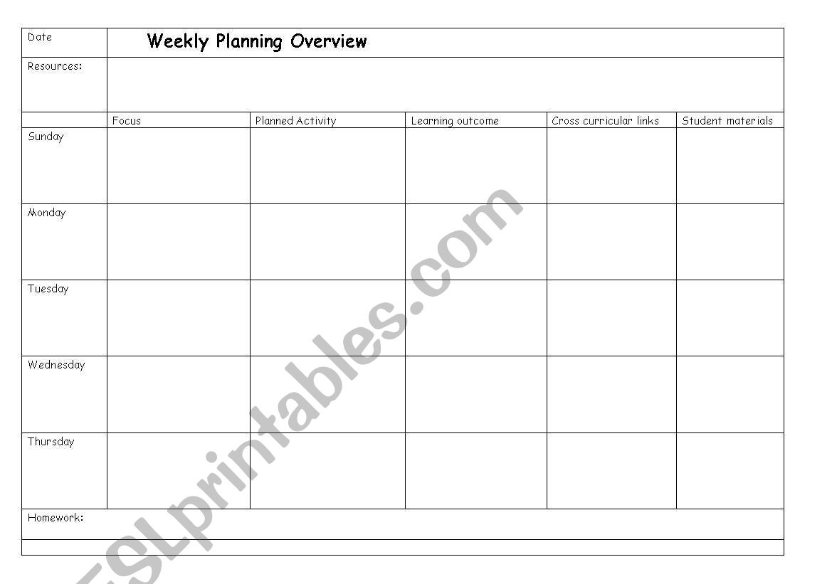 Weekly timetable worksheet