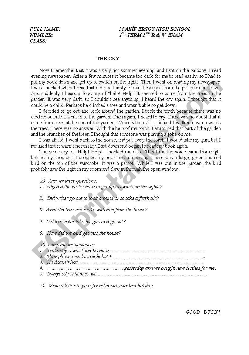 THE CRY-reading passage worksheet