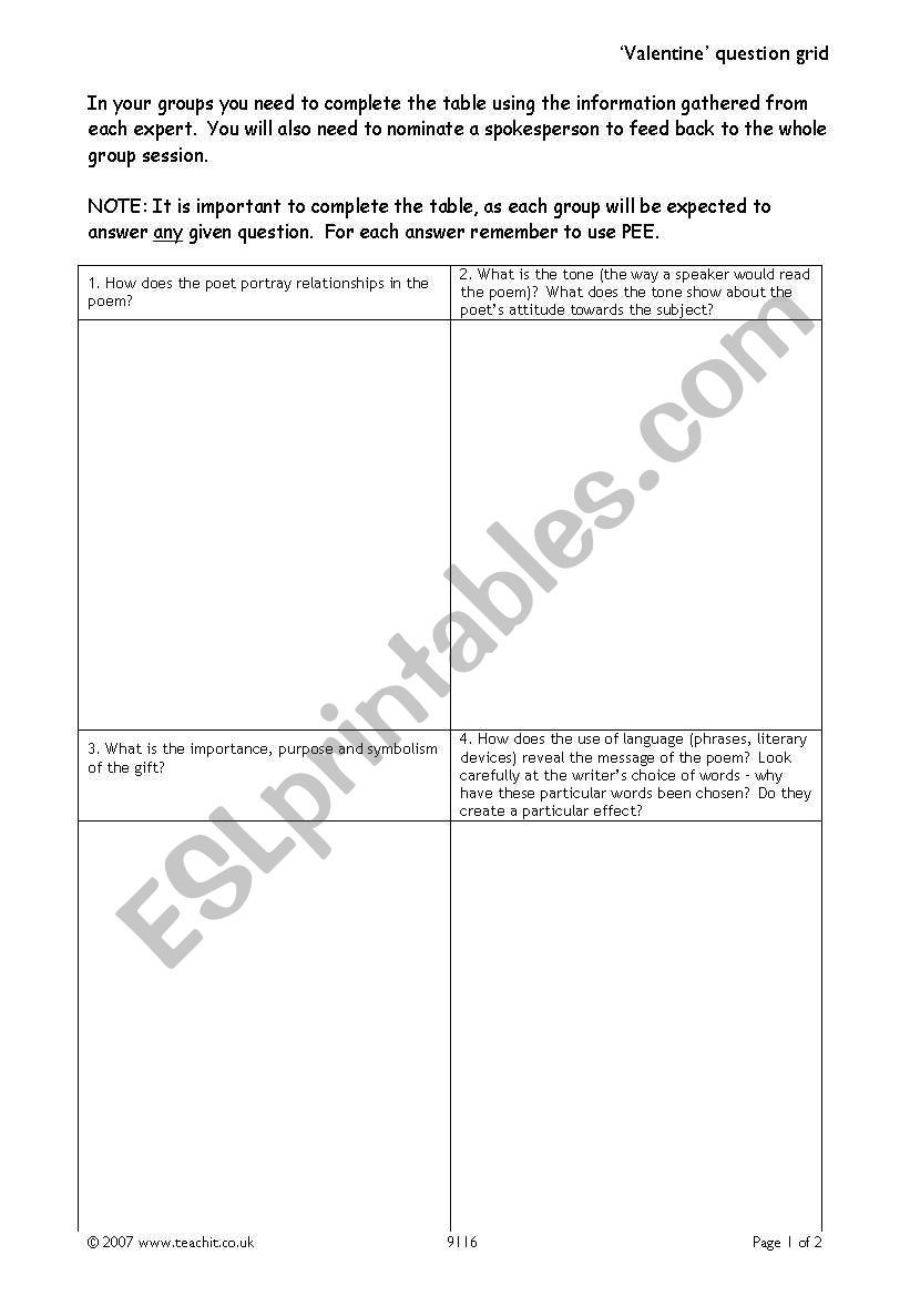 carol anne duffy valentine worksheet