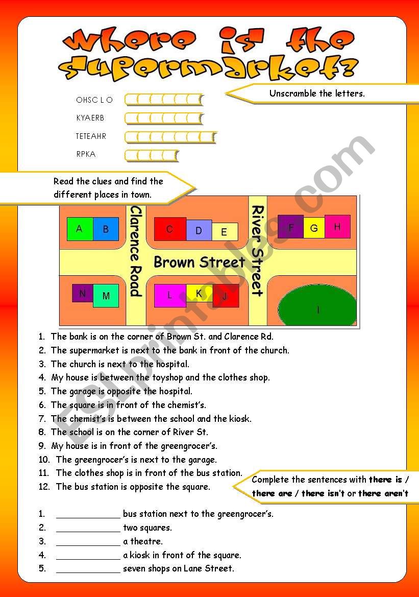 English Worksheets Places In Town Prepositions Of Place | Sexiz Pix