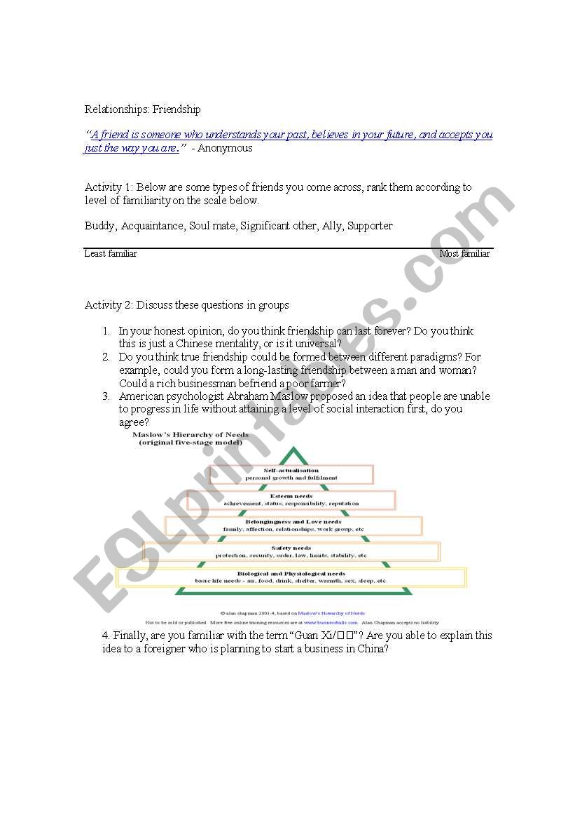 English worksheets: Friendship discussion questions