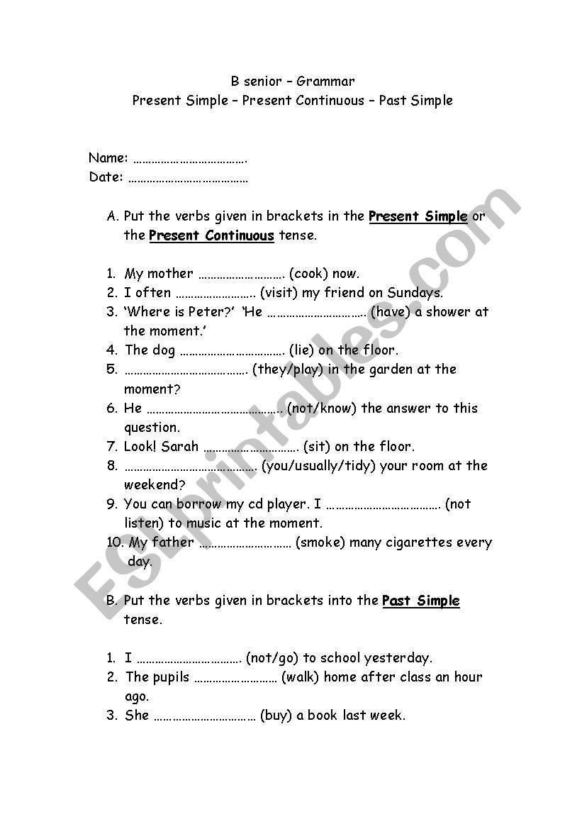 present - past tenses test worksheet