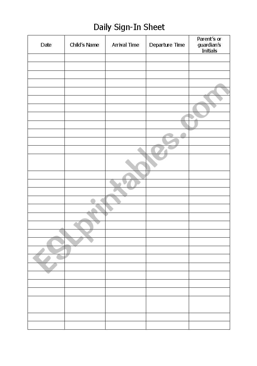 Daily Sign in Sheet worksheet