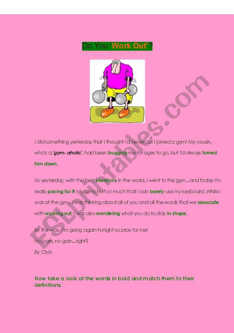 WORK OUT VOCABULARY worksheet