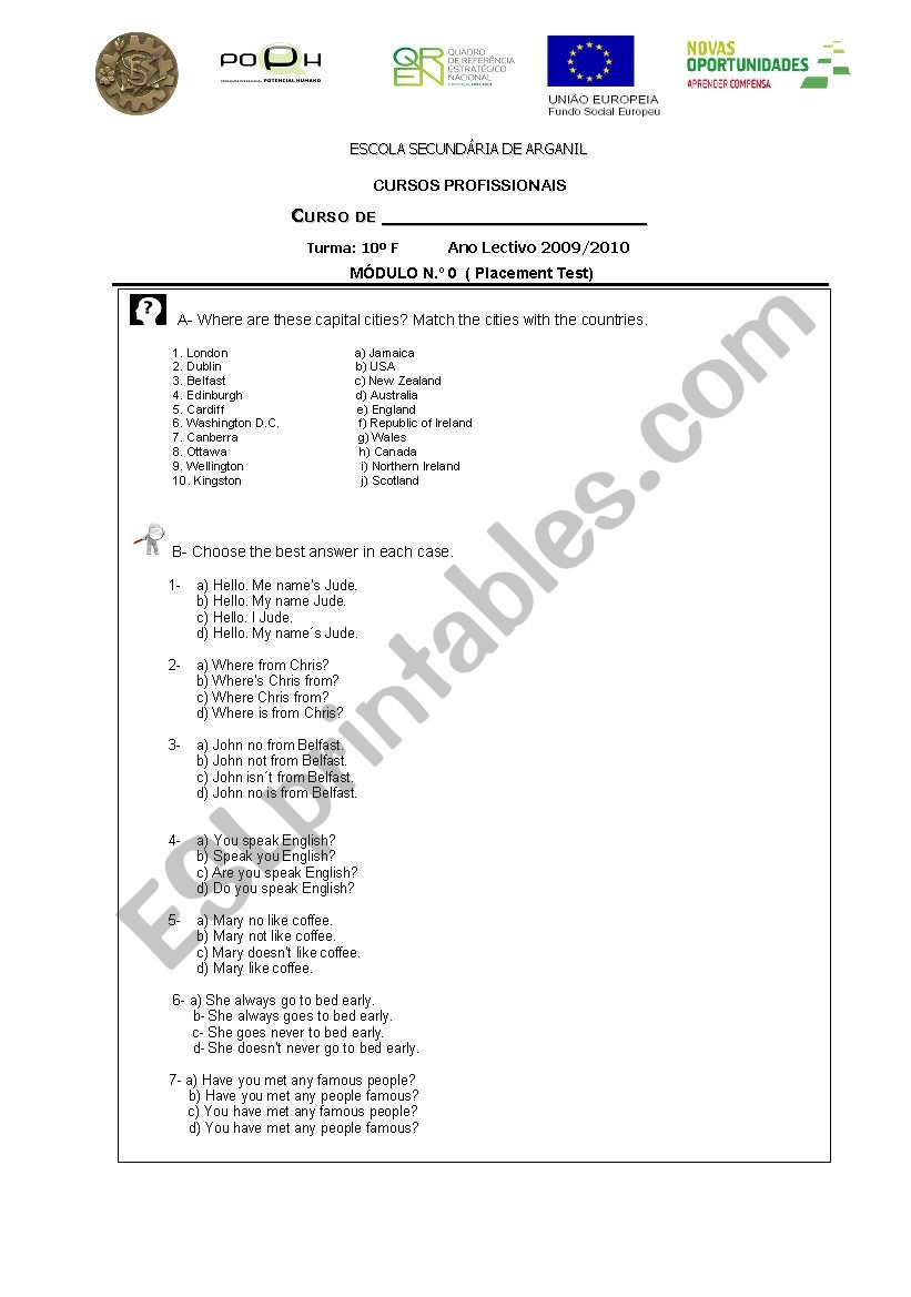 placement test- profissionais worksheet