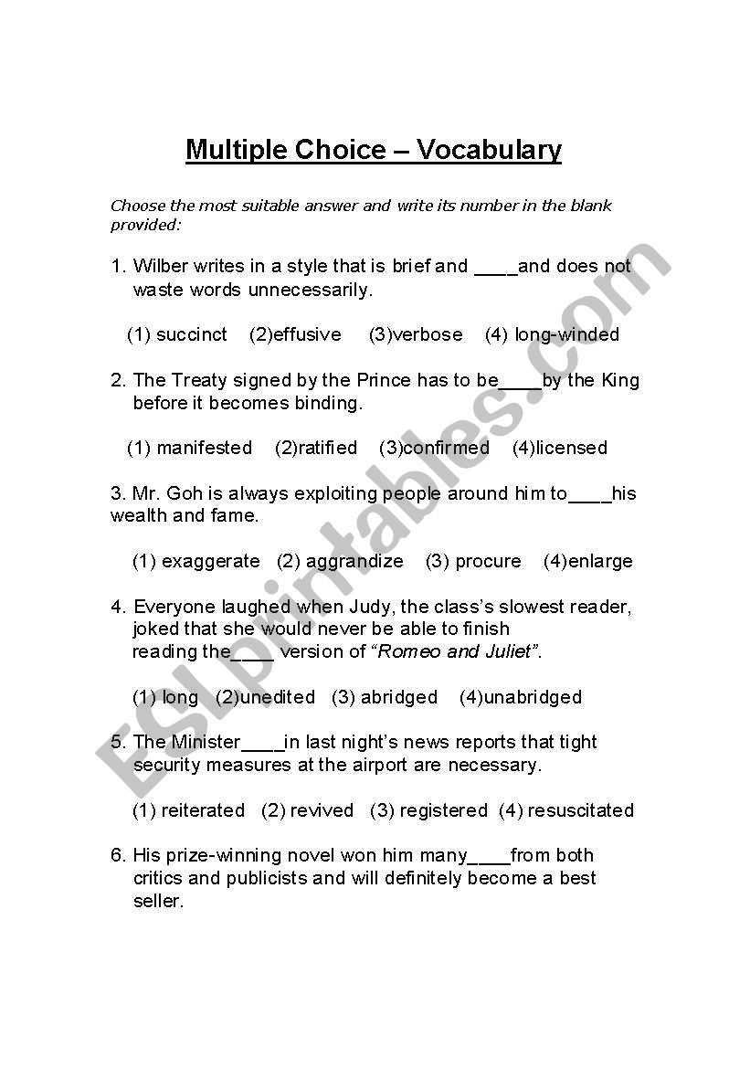 6 Best Images Of Multiple Choice Vocabulary Worksheets Multiple 