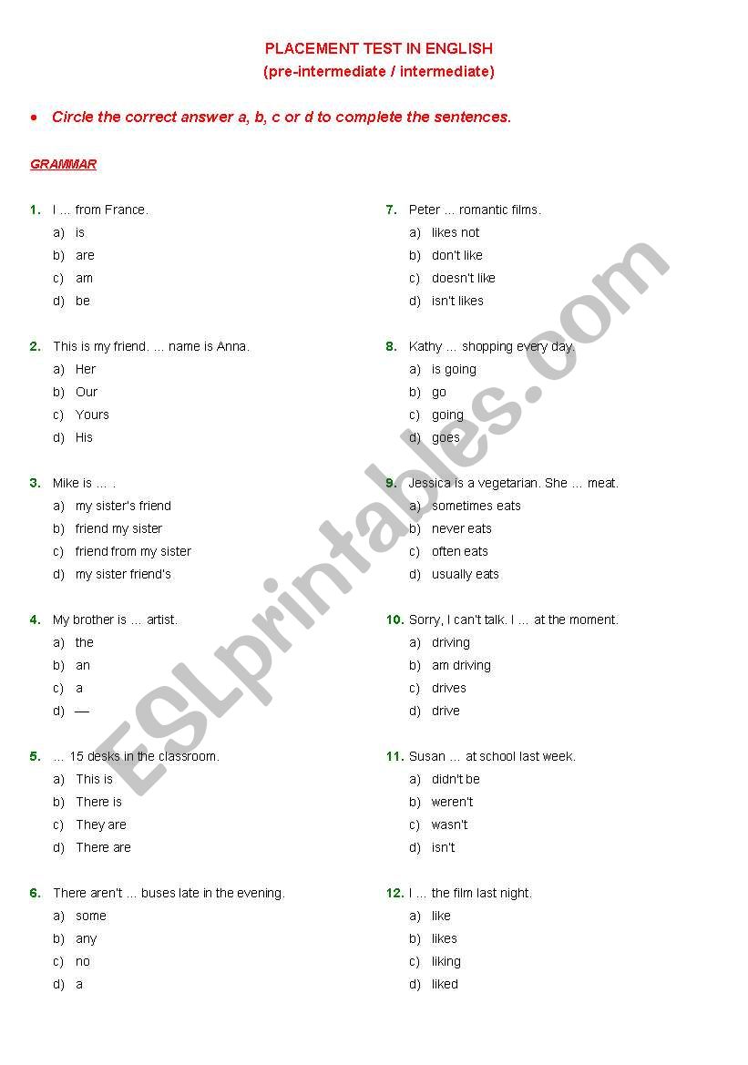 ENGLISH PLACEMENT TEST ESL Worksheet By Mariapapadaki