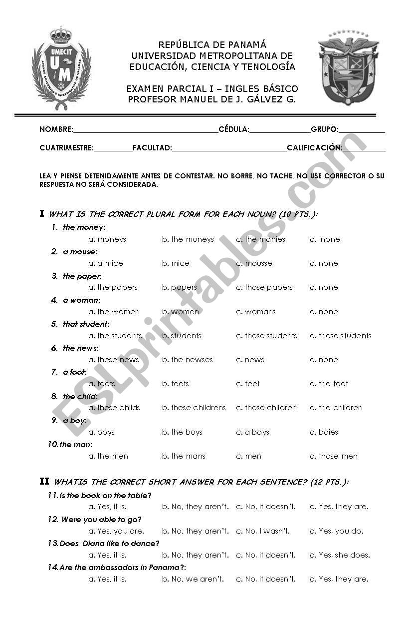 Partial Exam (Verbs Tenses) worksheet