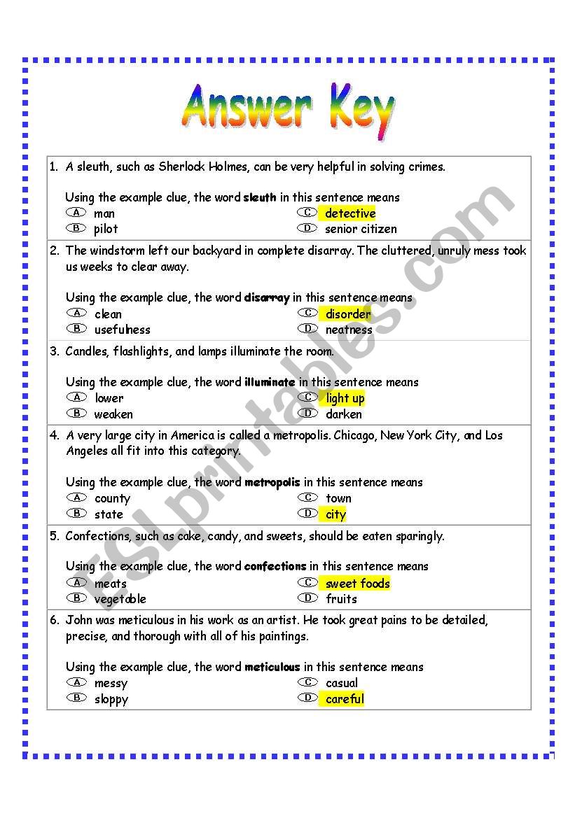 Context Clues Worksheet 1 3 Answers