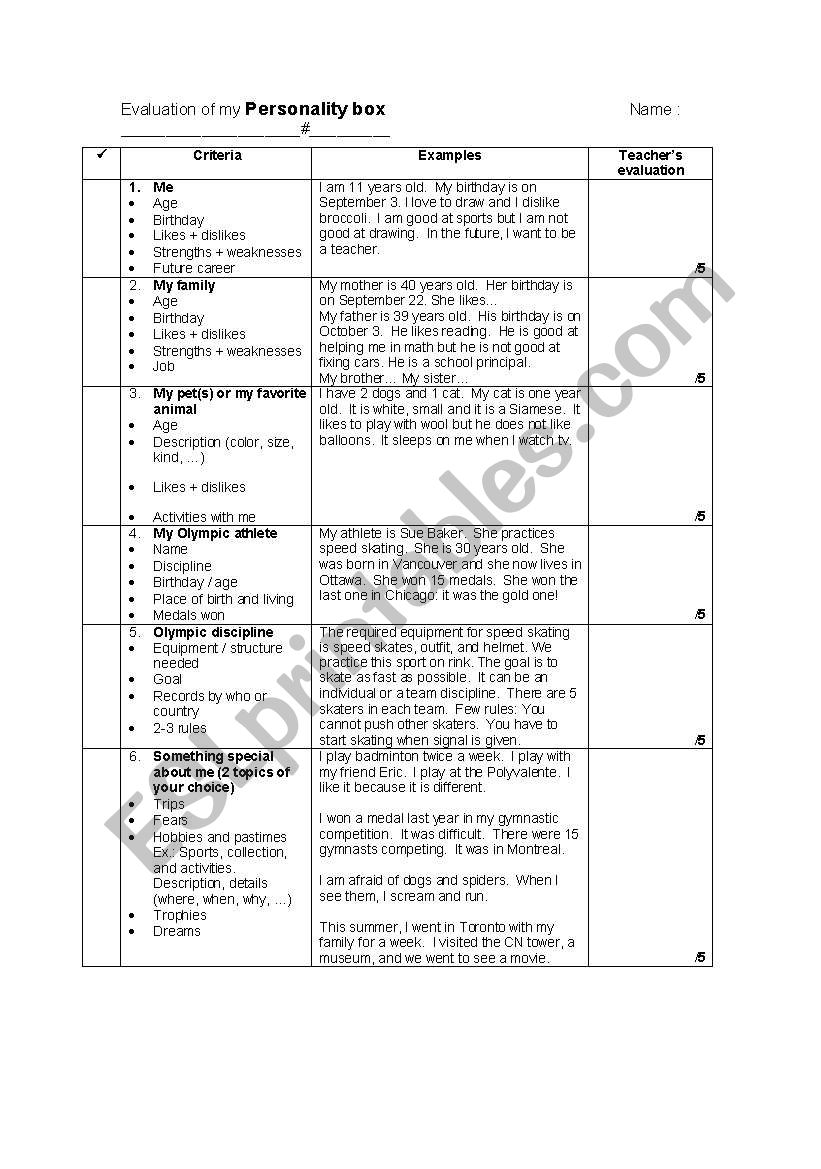 English Worksheets Personality Box Oral Presentation Project