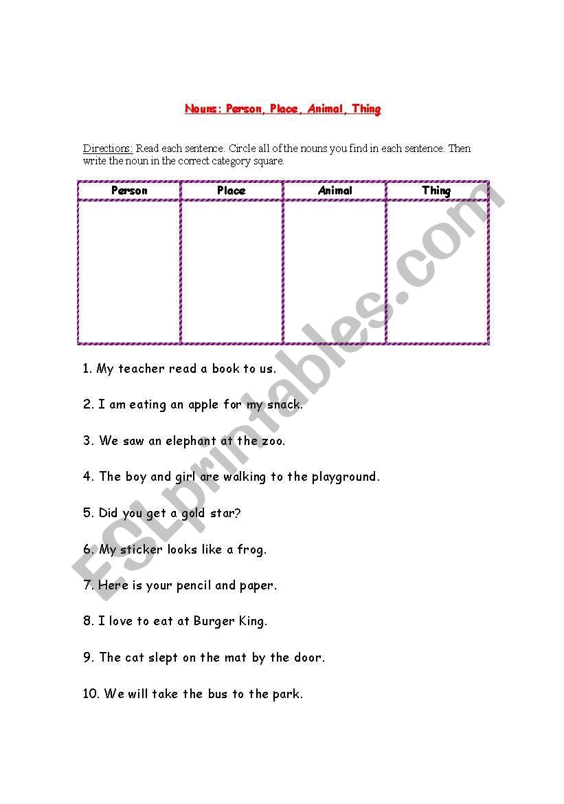 English Worksheets Nouns Person Place Animal Thing