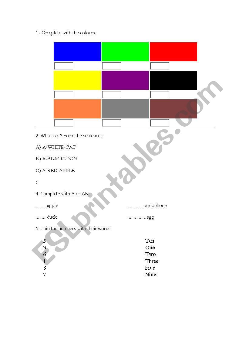 test for children including: colours, a/an, numbers and its ....