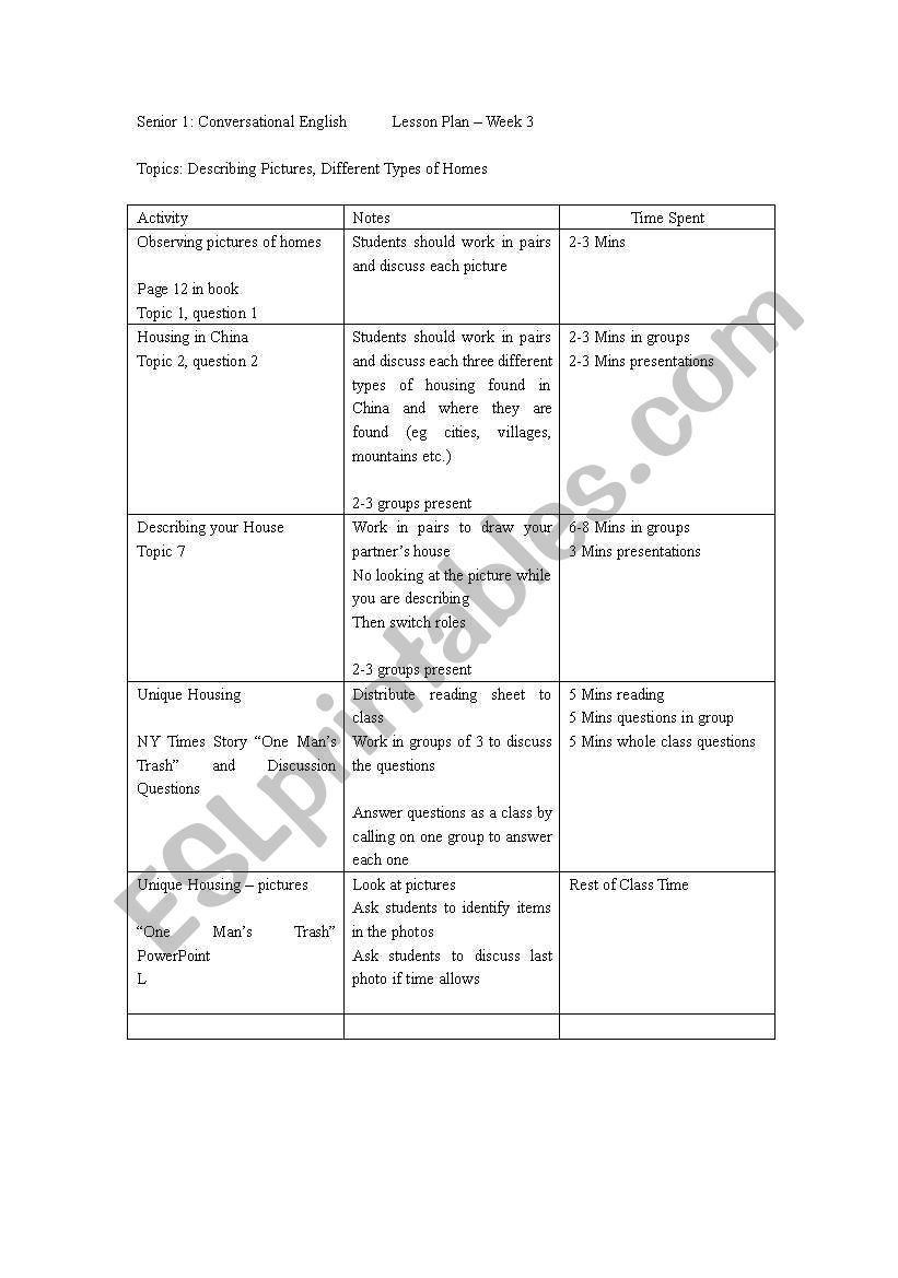 Housing Lesson Plan worksheet