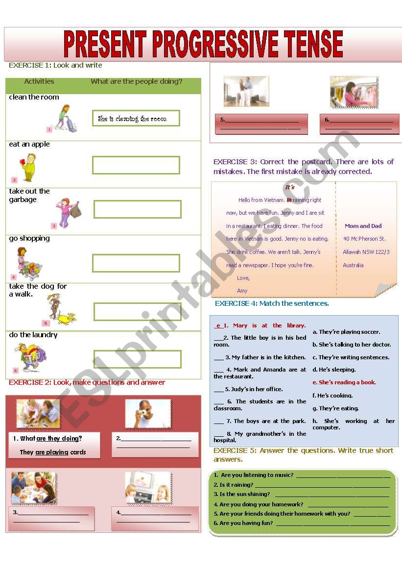 PRESENT PROGRESSIVE TENSE ESL Worksheet By Hlamquynh