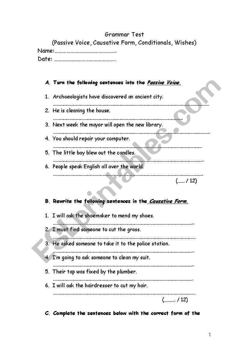 causative / wishes worksheet