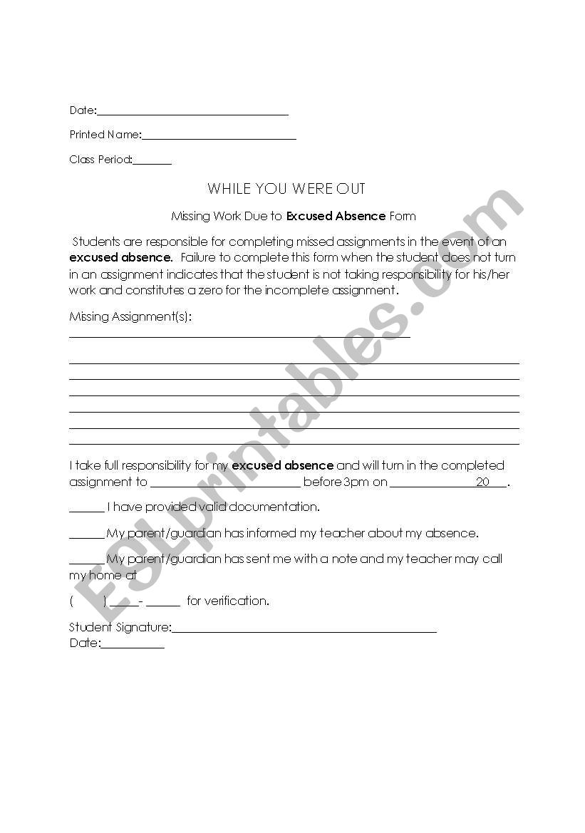 English Worksheets Missing Assignment Form