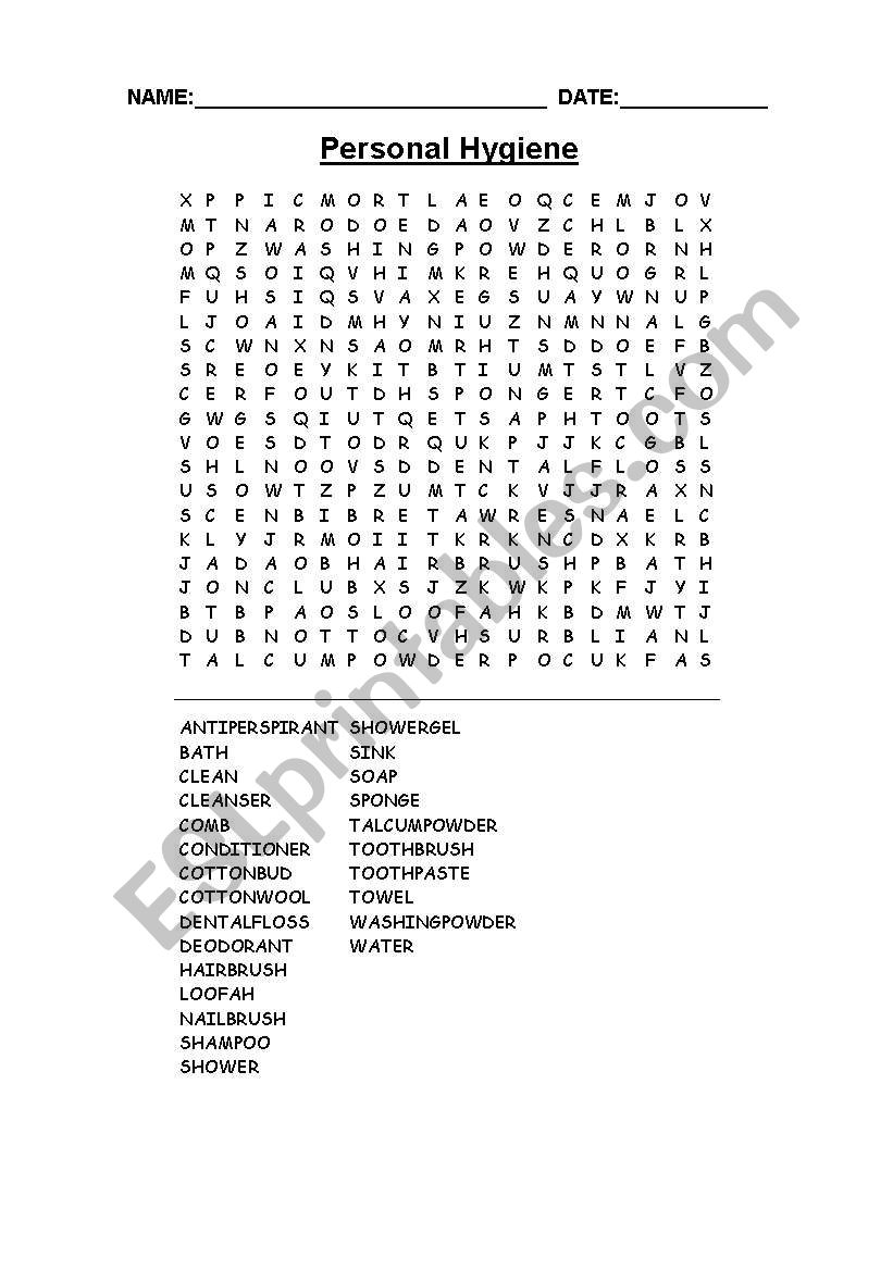 English Worksheets Personal Hygiene Wordsearch