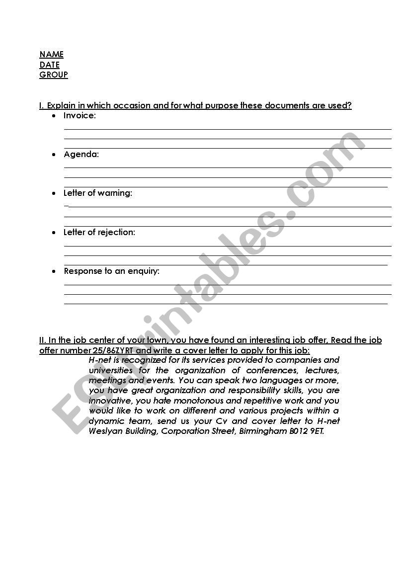 business documents worksheet