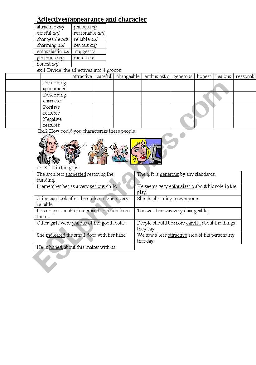 Appearance and character worksheet