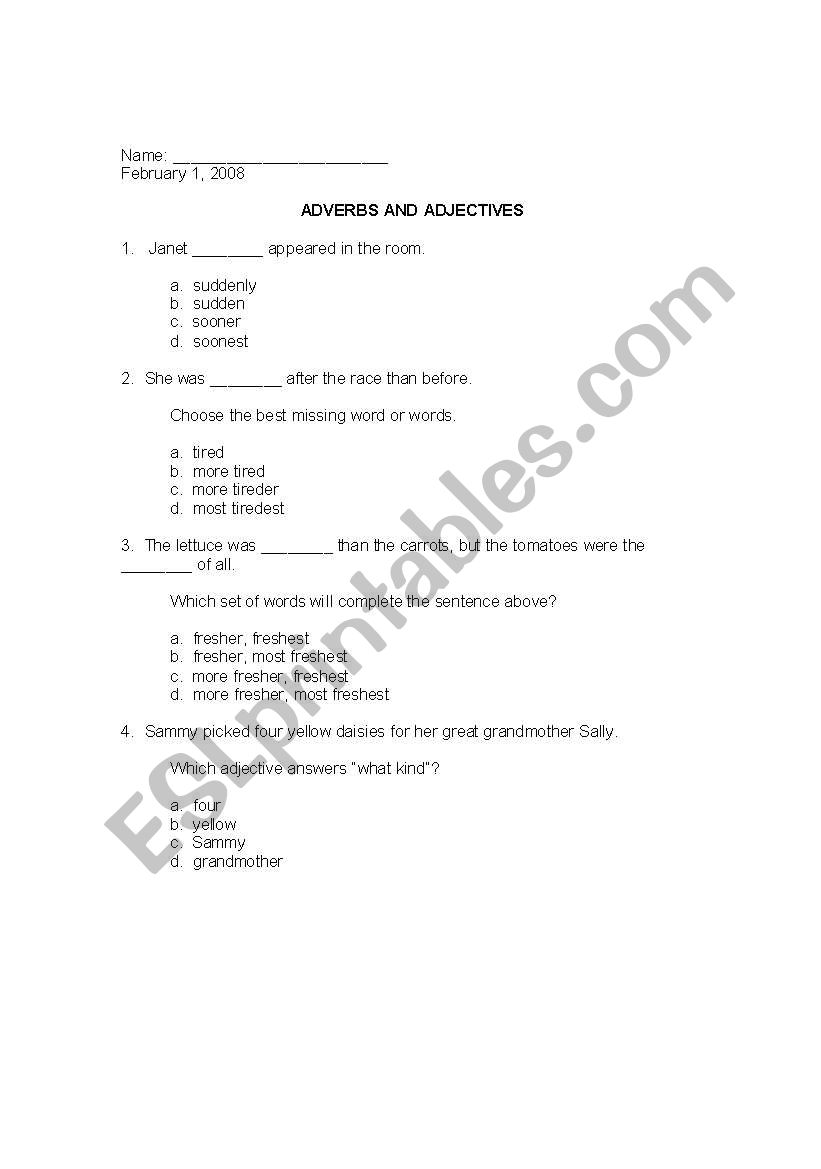 Adverbs & Adjectives test worksheet