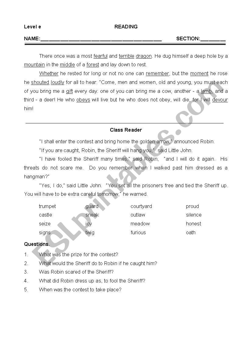 The terrible dragon worksheet