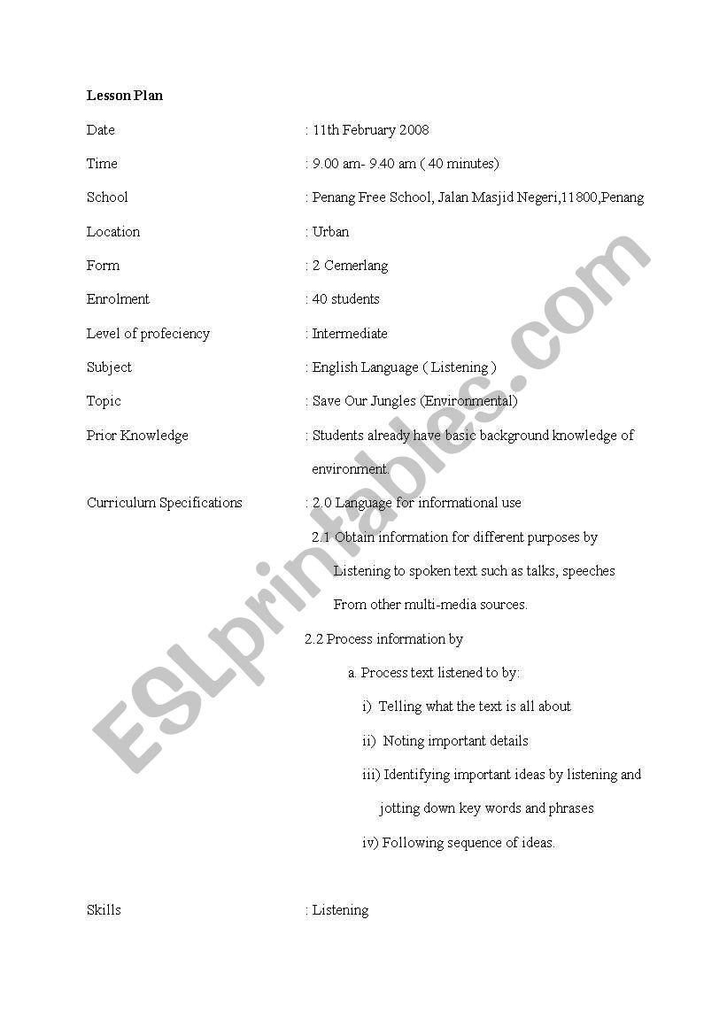 Listening Lesson Plan worksheet