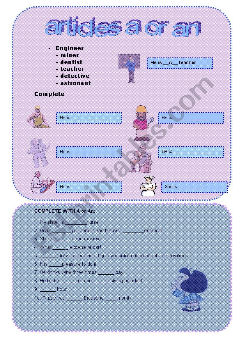 articles a or an worksheet