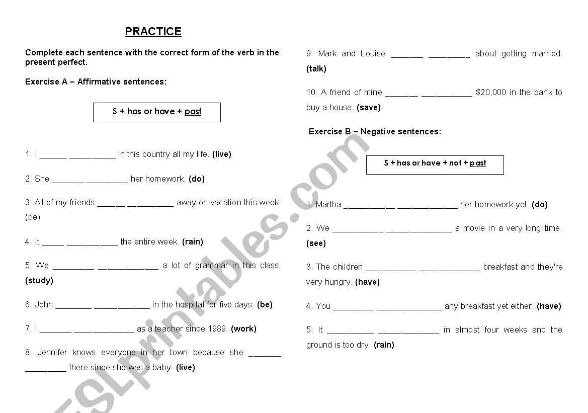 Practice of present perfect worksheet