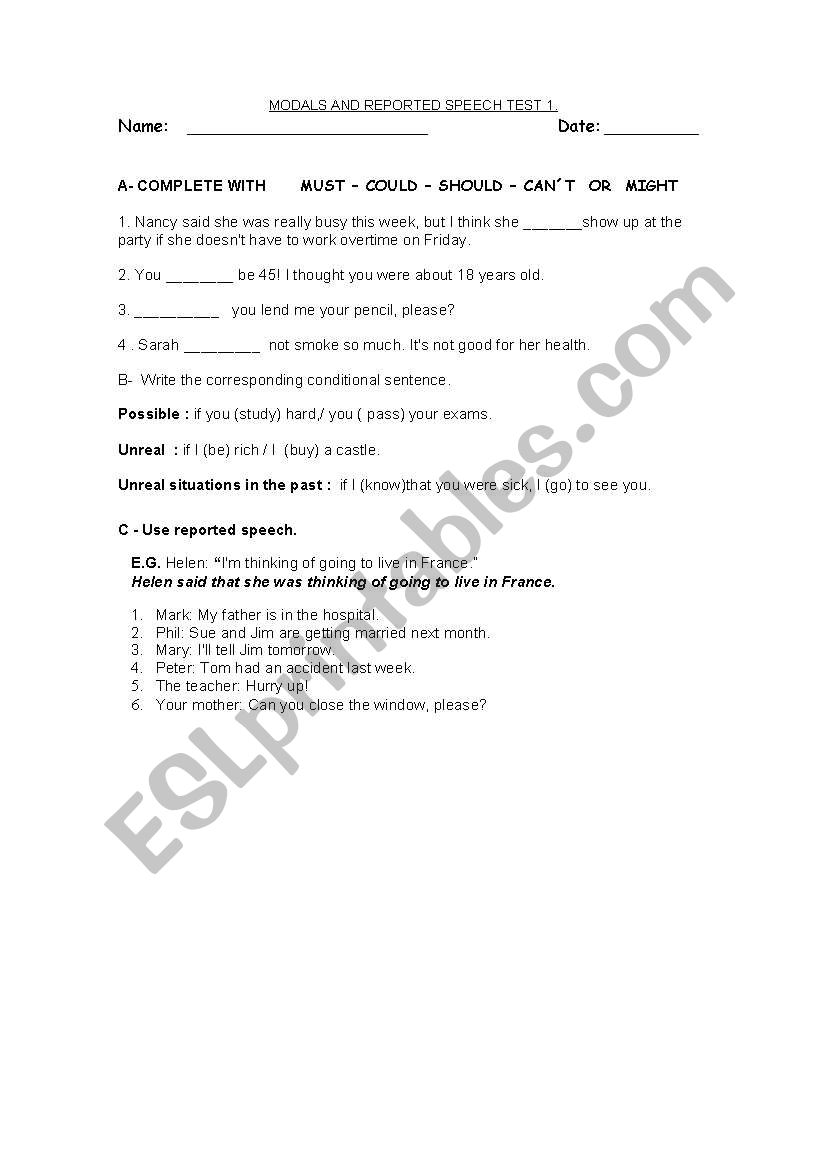 MODALS AND REPORTED SPEECH TEST 1