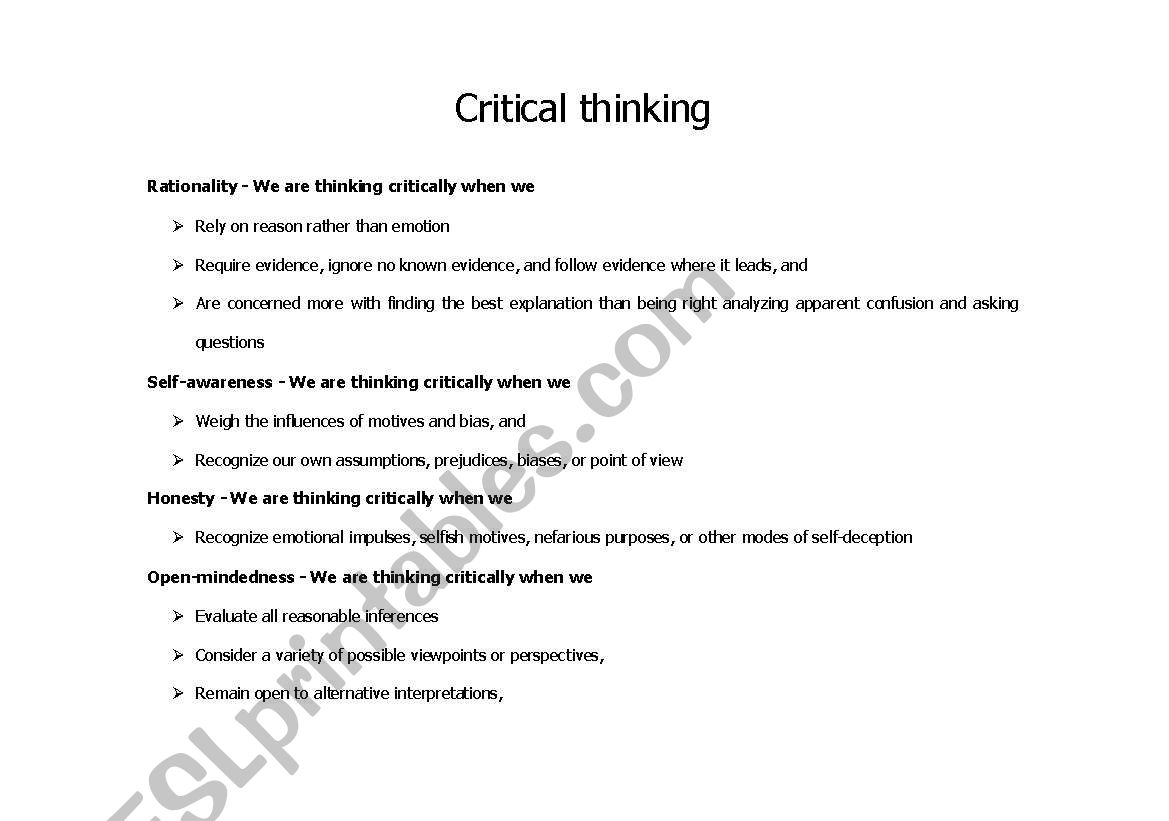 Critical thinking worksheet