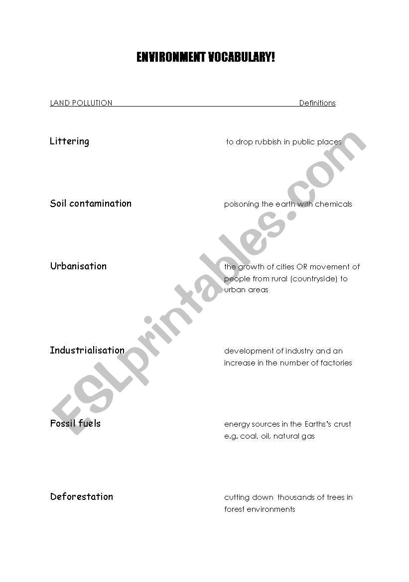 Environment Vocabulary worksheet