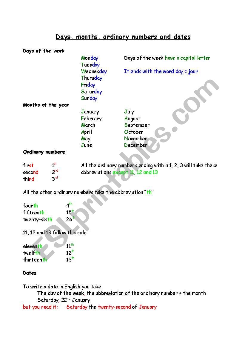 Days, months and dates worksheet