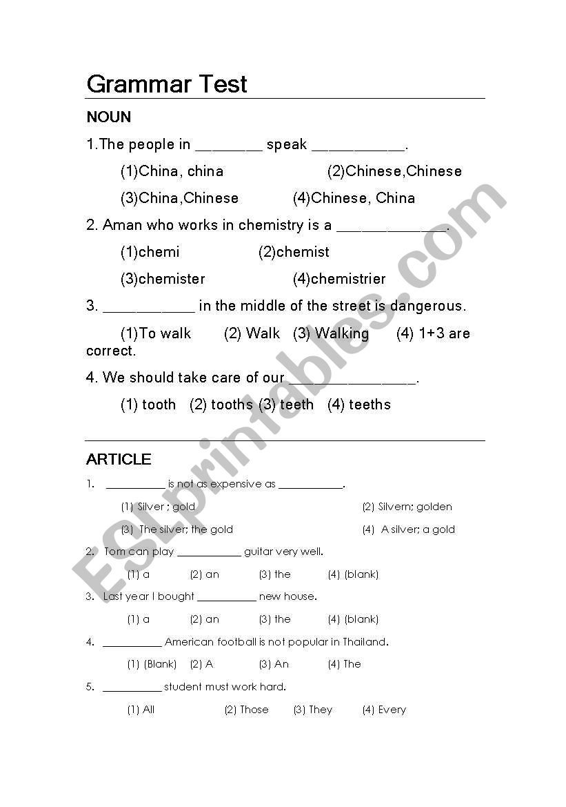 Grammar test 1/6 worksheet