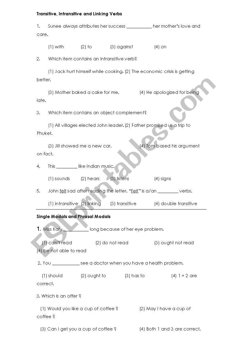 Grammar test 3/6 worksheet