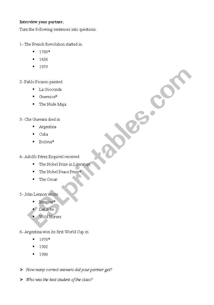Questionnaire to practice simple past