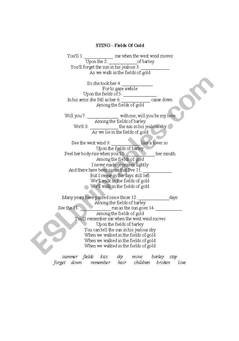 Filds of Gold by Sting worksheet