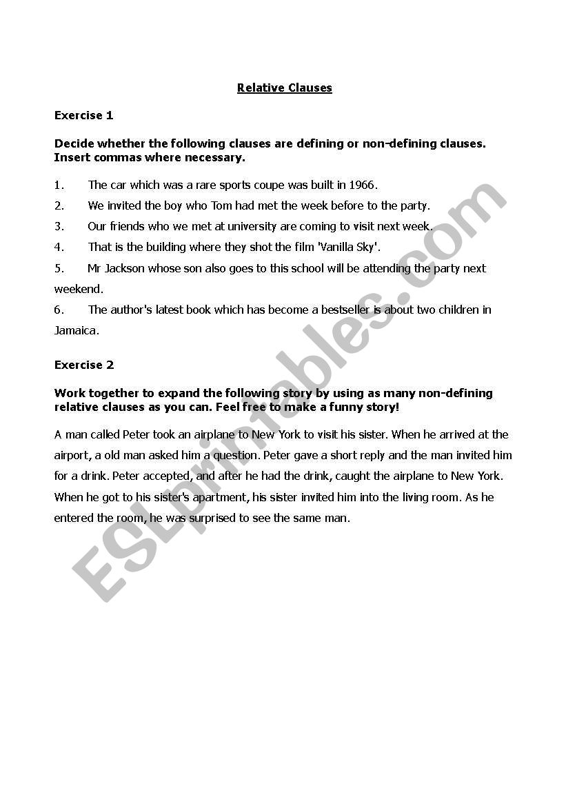 relative clauses worksheet