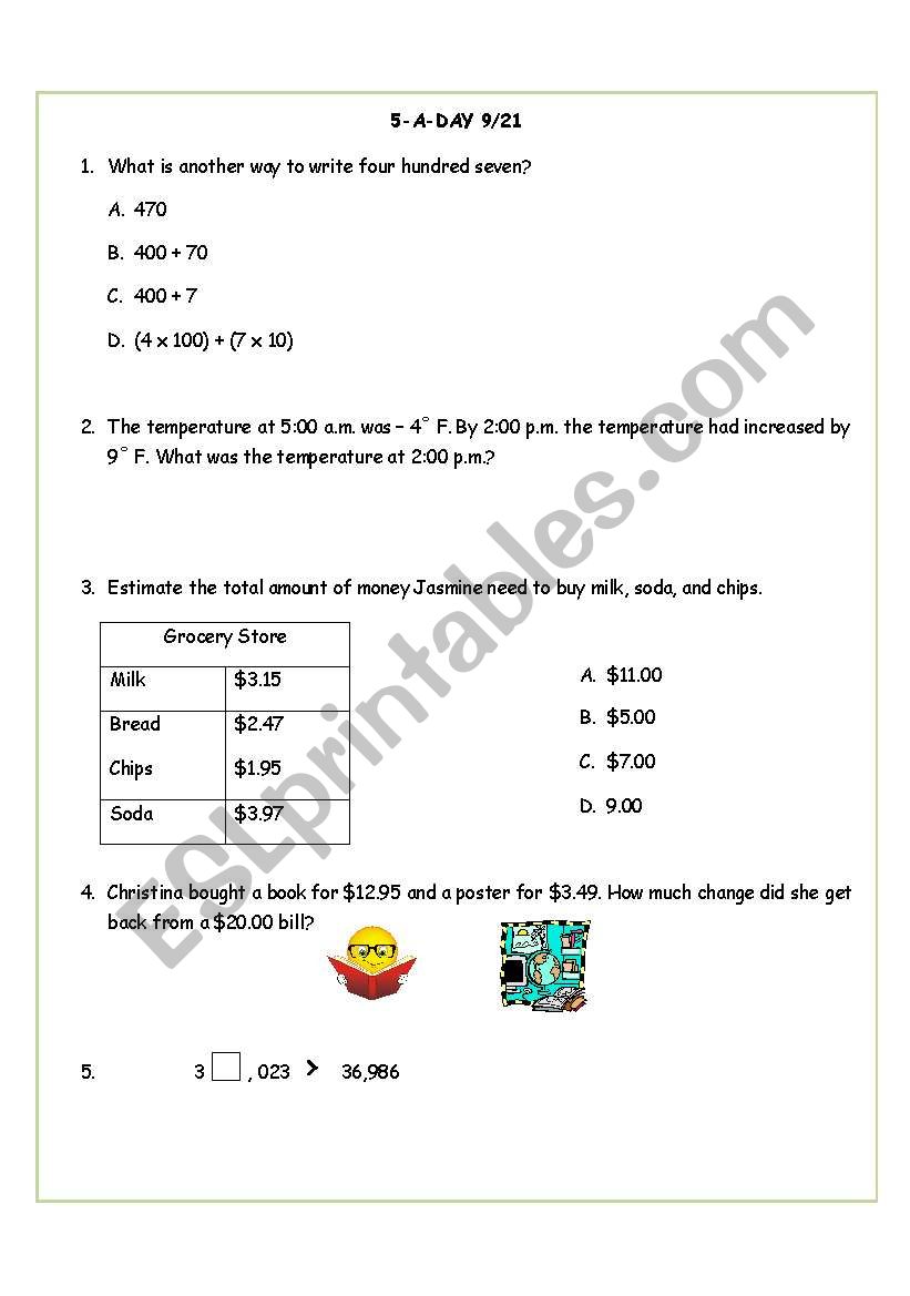 5 a day worksheet