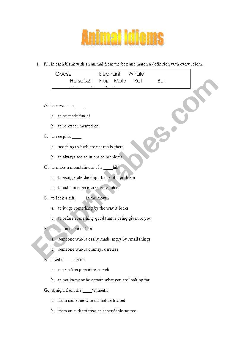 Animal Idioms worksheet