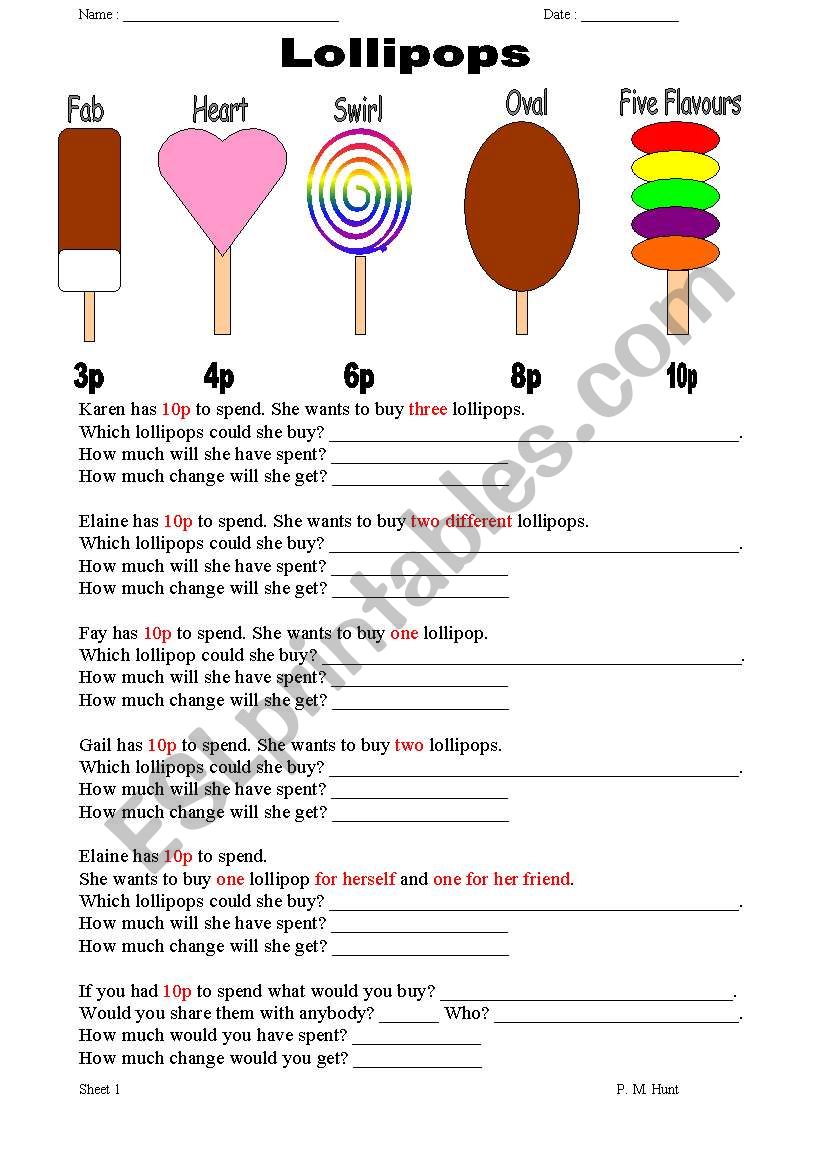 Lollypops worksheet