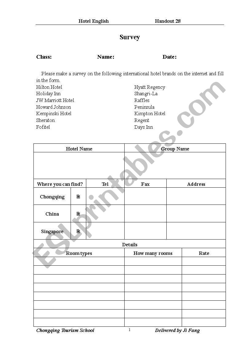 Hotel English Handout worksheet