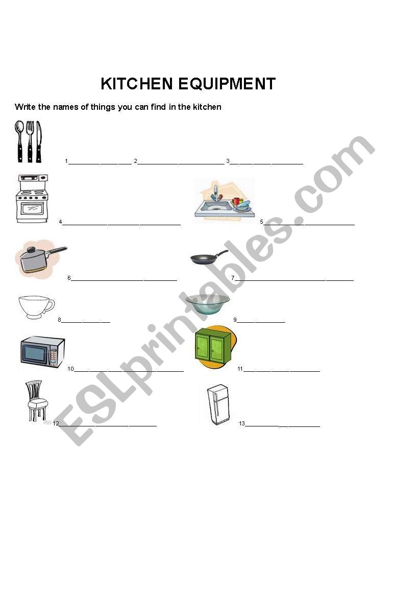 kitchen equpiment worksheet